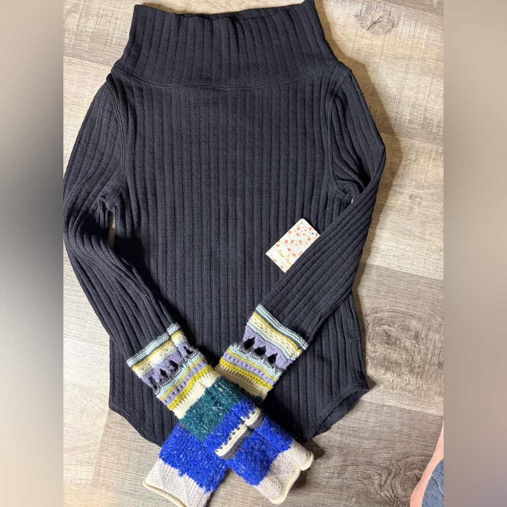 Free People Black Ribbed Sweater with Colorful Cuffs
